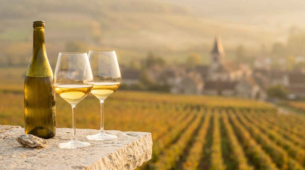 Golden Hour at The Cheese Store of Beverly Hills: two glasses of white Burgundy above a Burgundy vineyard at golden hour