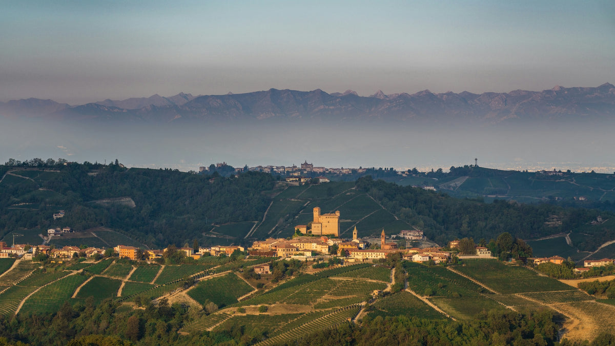Barolo vineyards and the castle of Serralunga d'Alba at dusk, with the Alps beyond: White Truffle Dinner at The Cheese Store of Beverly Hills