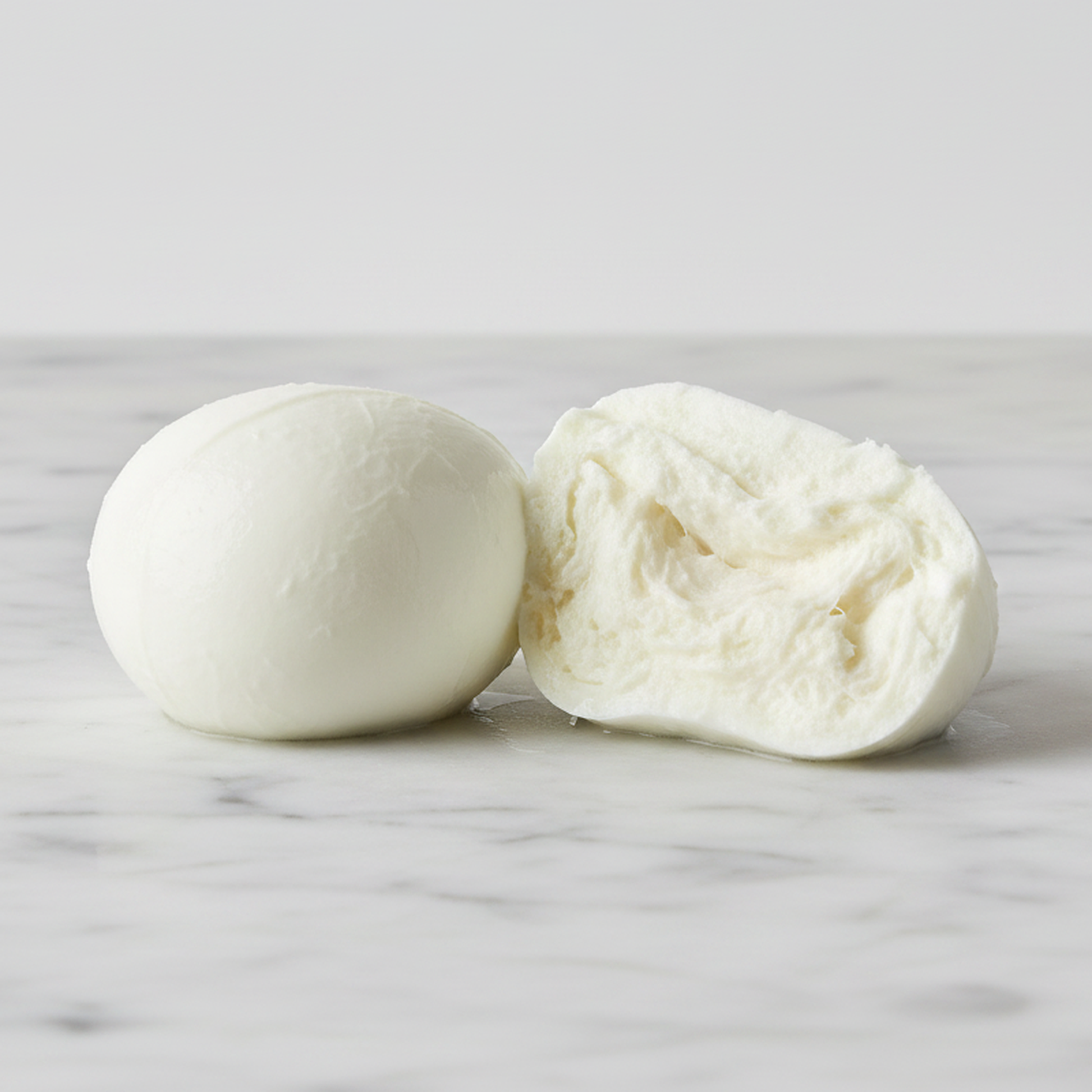 Casolare buffalo mozzarella, two fresh balls with one torn open showing the soft interior