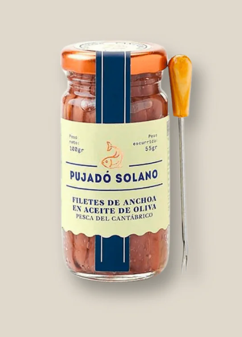 Pujado Anchovy Fillets in Olive Oil Jar with fork (55g) - 12ea Case